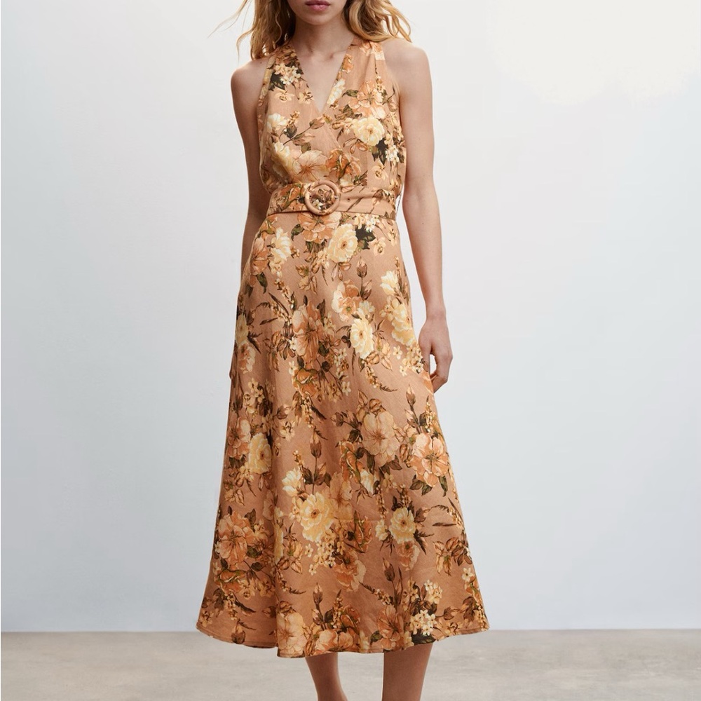 MANGO Linen Floral Dress